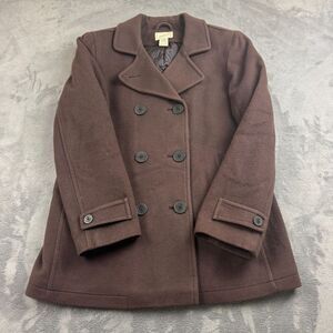 Vintage LL Bean Womens Pea Coat Size 12 Lambswool Brown Nautical Buttons Chic
